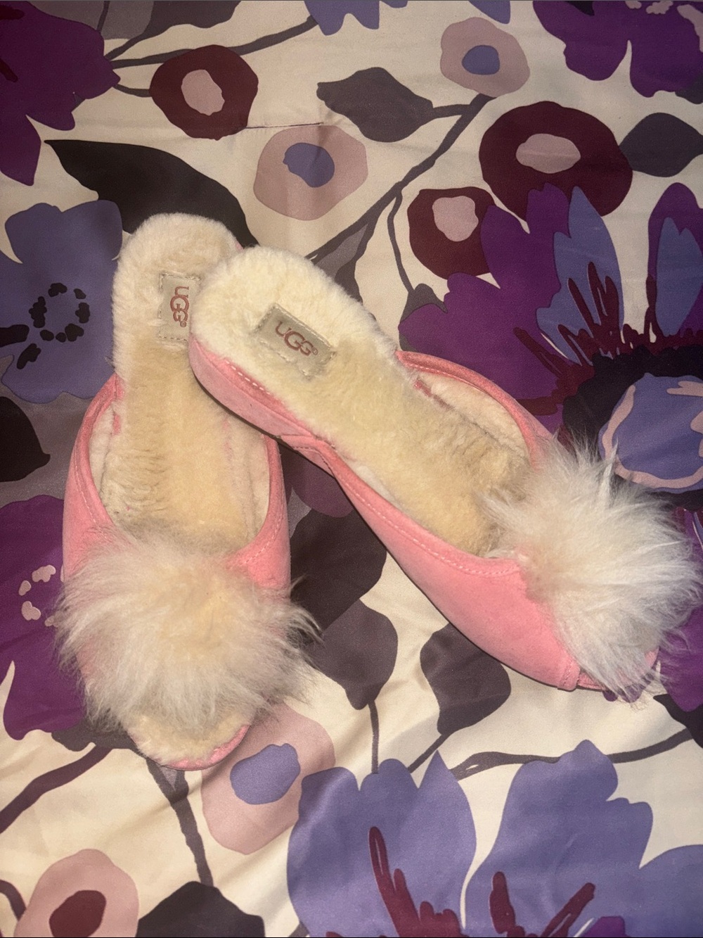 UGG Pink Pom-Accent Shearling Slip-On Slippers